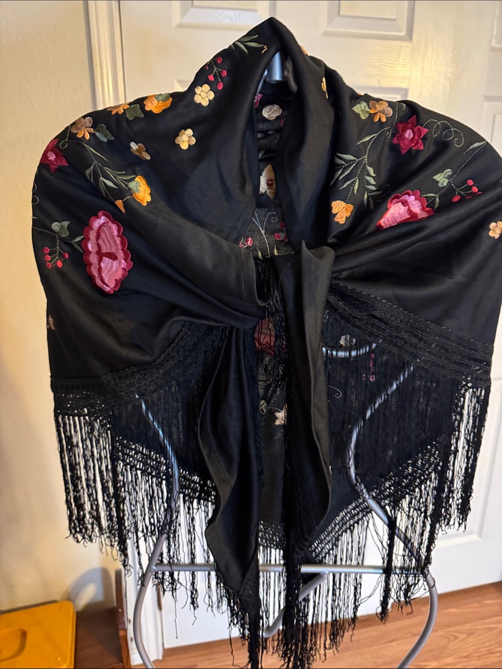 Black Floral Embroidered Fringe Shawl Scarf